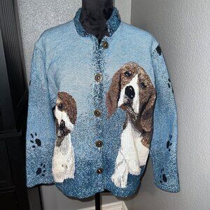 Vintage Sugar Street Weavers Beagle Dog Tapestry Cardigan Sweater Small USA 90s